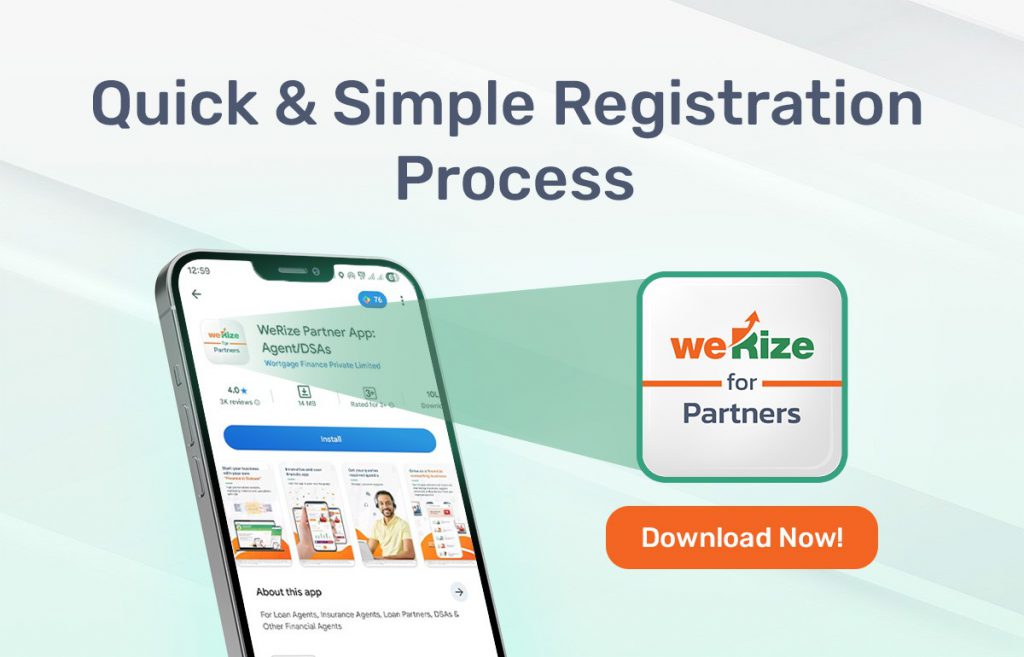 "Infographic promoting the quick and simple registration process for the WeRize Partner App, featuring a mobile phone displaying the app on the Play Store and a call-to-action button encouraging users to download the app."
