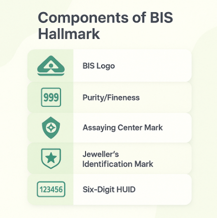 Illustration titled ‘Components of BIS Hallmark’ showing five key elements BIS logo, purity or fineness number, assaying center mark, jeweller’s identification mark, and the six-digit HUID, used to verify hallmarked jewellery.